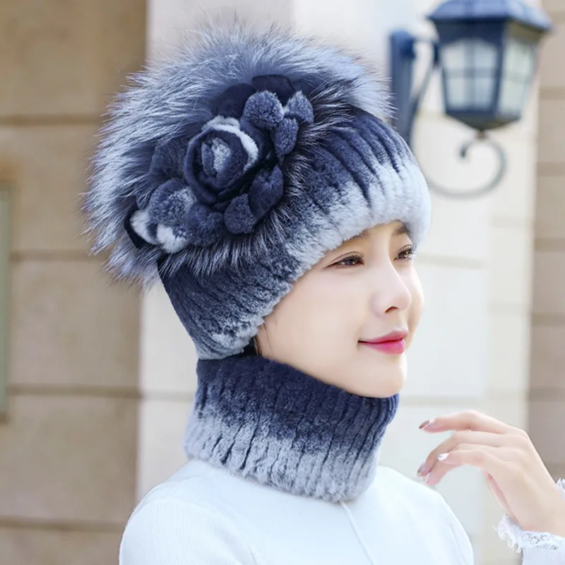 Real Rex Rabbit Fur Hat Women Winter Thickened Ear Protection Caps Knitted Scarf Hat Set Natural Fur Hat With Fox Fur Balls