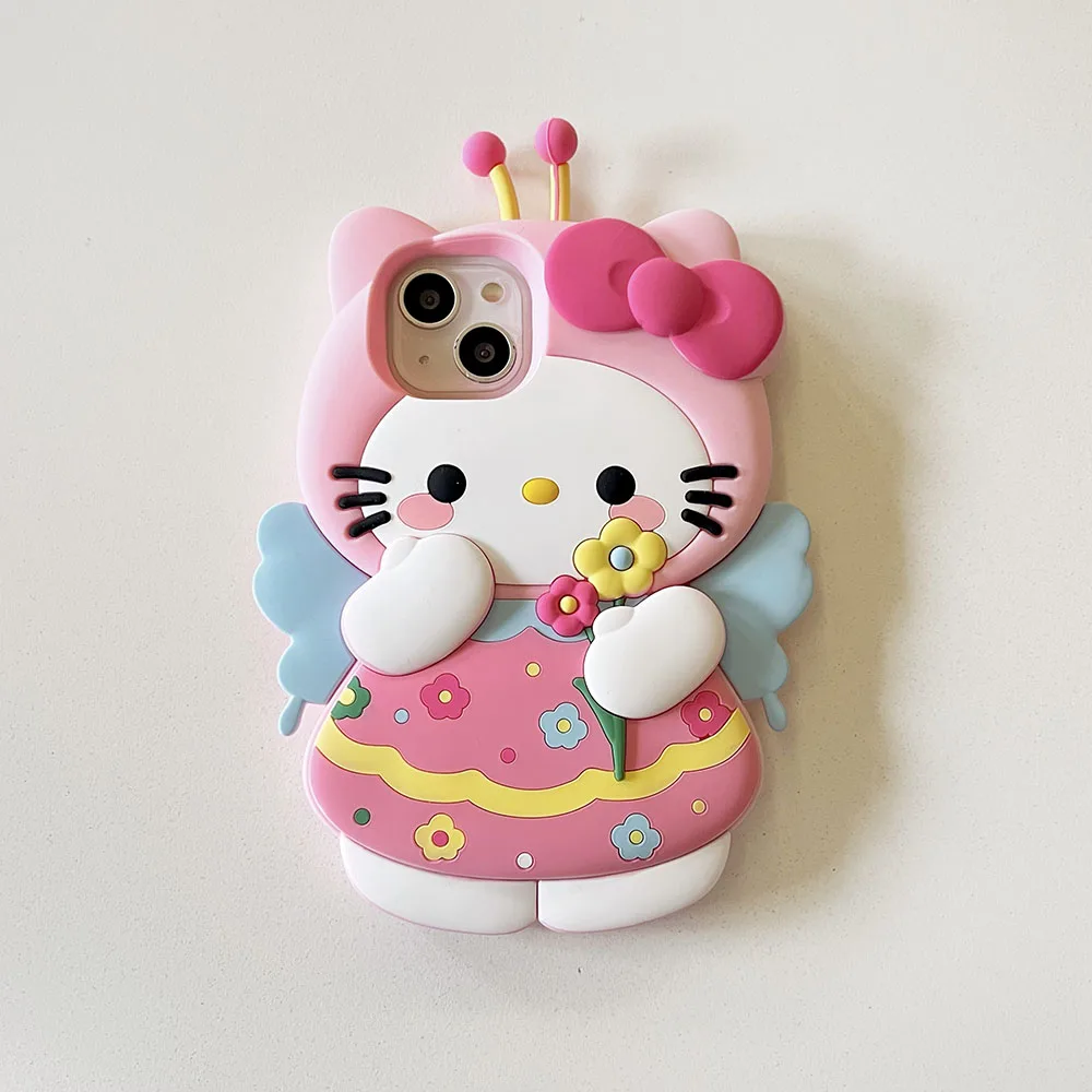 Kawaii Pink Bee Sanrios Hello Kitty Stereoscopic Phone Case for IPhone 16 15 14 13 12 11 Pro Max Plus Soft Silicone Cover Gift