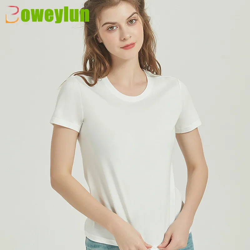 

Boweylun Cool Cotton T-shirt Women Summer Skin-Friendly Breathable Moisture Wicking Solid Color Round Neck Short Sleeve T188W