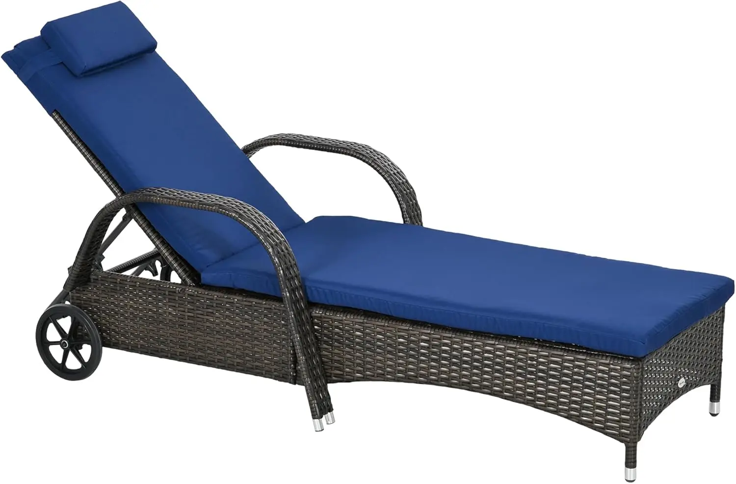 Wicker Outdoor Chaise Lounge, 5-Level Adjustable Backrest PE Rattan Pool Lounge Chair with Wheels, Cushion & Headrest, Brown and