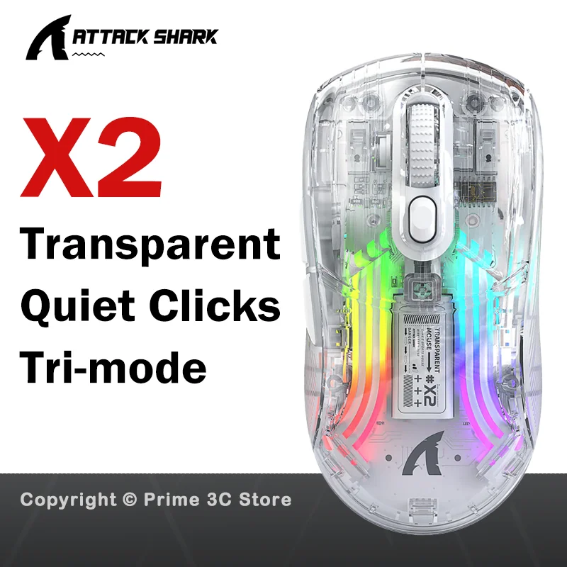 Attack Shark X2 X2Pro Silent Wireless Gaming Mouse, Tri-Mode Bluetooth 2.4G Wired, RGB, Transparent, Magnetic Charging Dock
