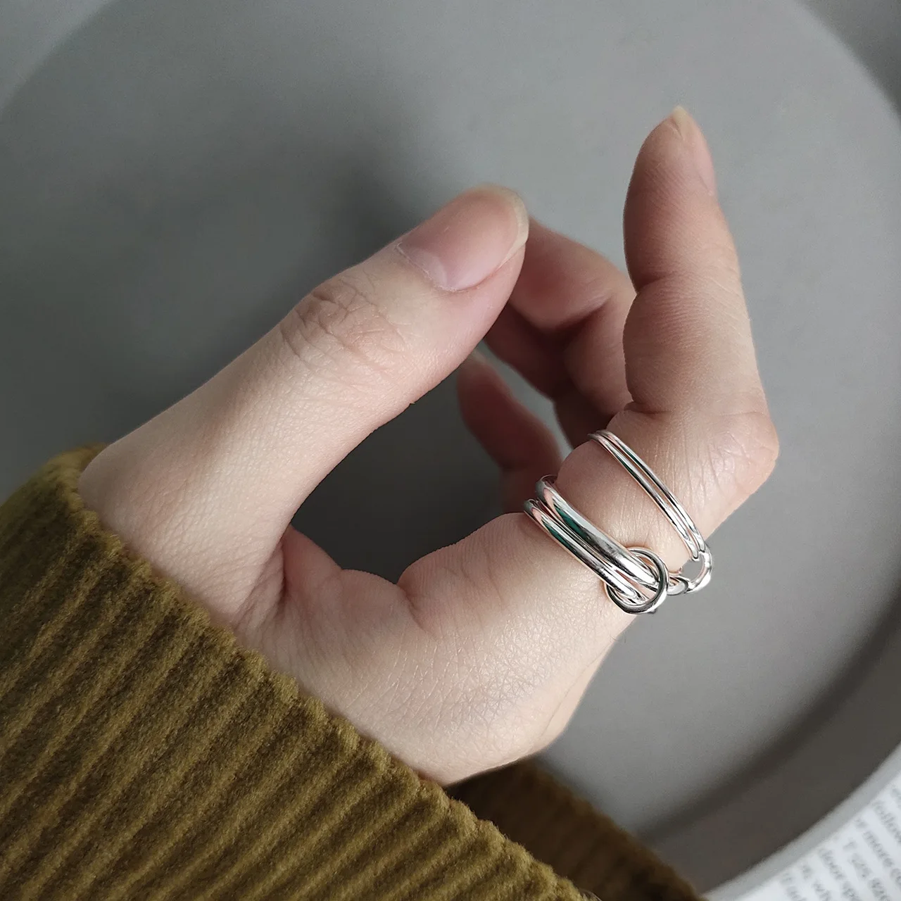 Korean Edition 925 Sterling Silver Ring Handmade Heavy Industry Multi-circle Line Rings Interlaced Minimalist Fashion Jewelry
