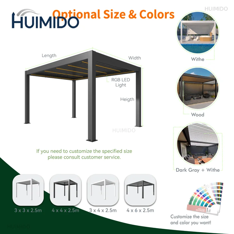 Motorized Bioclimatic Pergola Adjustable Louvered Roof Aluminum Gazebo Waterproof Garden Patio Yard Backyard Outdoor Privacy