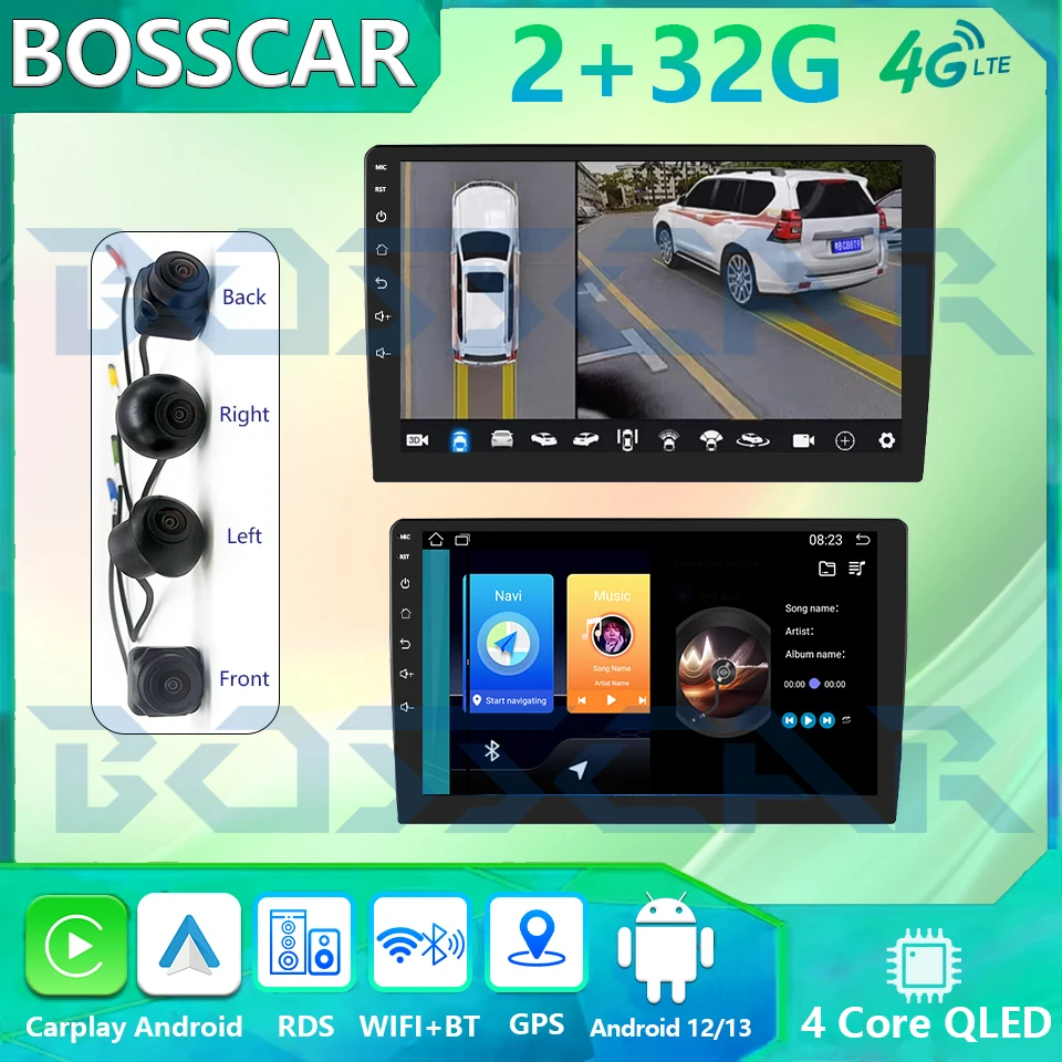 

BOSSCAR CarPlay с поддержкой 360° ° Камера Android13 Автомобильный радиоприемник 7 "/9"/10" 2Din Универсальный дисплей для Ford для Chevrolet для Nissan HD720