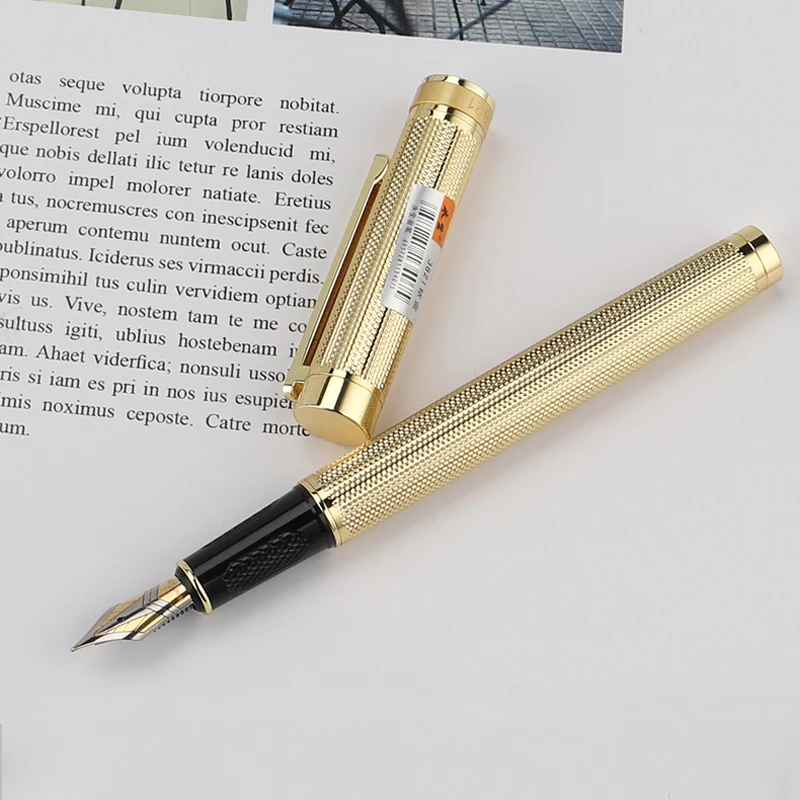 

Wingsung Metallic Striped Fountain Pen Gold F 0.5MM Bent Curved 1.0MM Nib Business Office Practice Replaceable 3.4mm Ink Bladder