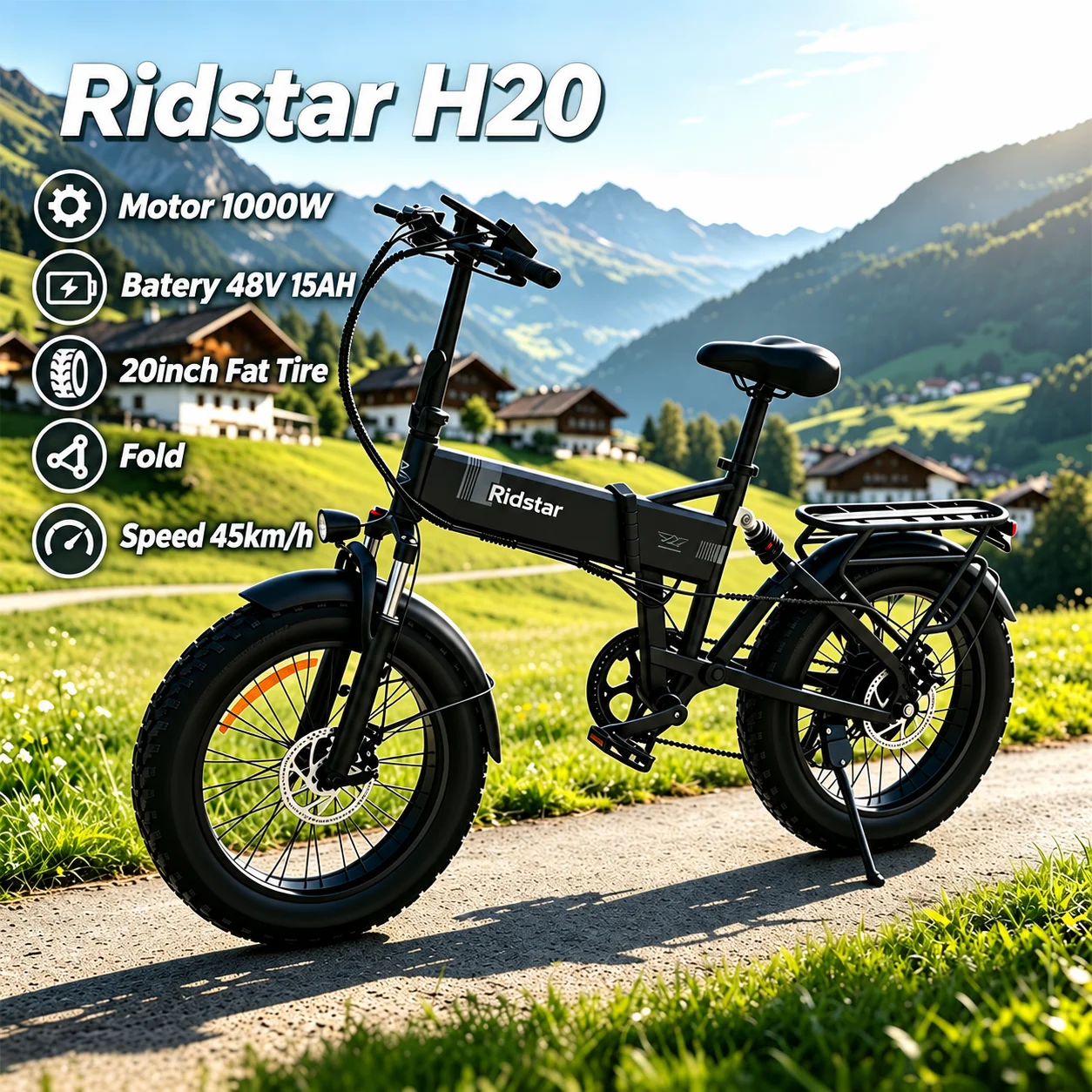 Bicicleta eléctrica plegable Ridstar H20, motor de 1000 W, batería de 48 V y 15 Ah, ideal para desplazamientos urbanos, para adultos, velocidad máxima de 45 km/h, bicicleta eléctrica de montaña.