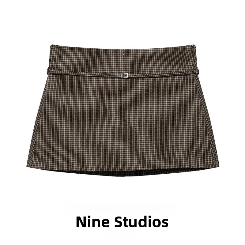 Casual Plaid  Skirt with Belt Versatile Short Pants Women's Fashion A-Line Skirt mid Waist Chain Design Other Material
