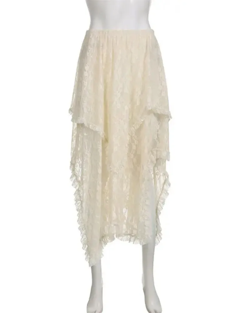 Neue Transparente Spitze Asymmetrische Röcke Frauen Vintage Y2K Boho Mode Hohe Taille Midi Röcke Sommer Damen Urlaub Rock