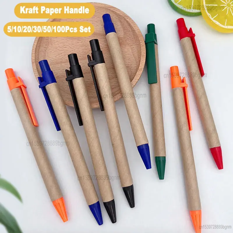 5/10/20/30/50/100Pcs Set Eco-friendly Kraft Paper Ballpoint Pen 1.0mm Tip Office Writing Stationery Signature Oil Ball Pen