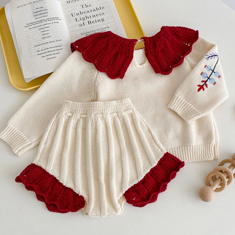 Autumn Spring Children Clothes Toddler Baby Girl Clothes Suit Flower Embroidery Sweater+PP Shorts Infant Baby Girls Clothing Set