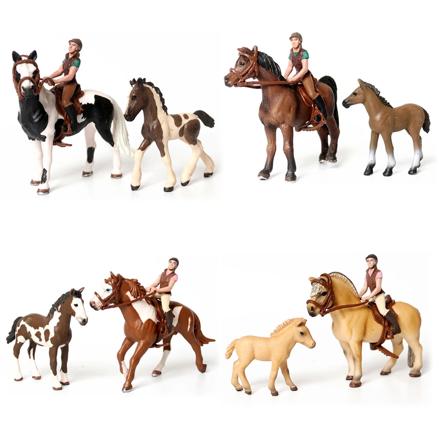 Fordo hanoveriano realista pinto cavalo selvagem e potro com piloto playset modelo colecionável figura conjunto de brinquedos de animais de fazenda para crianças