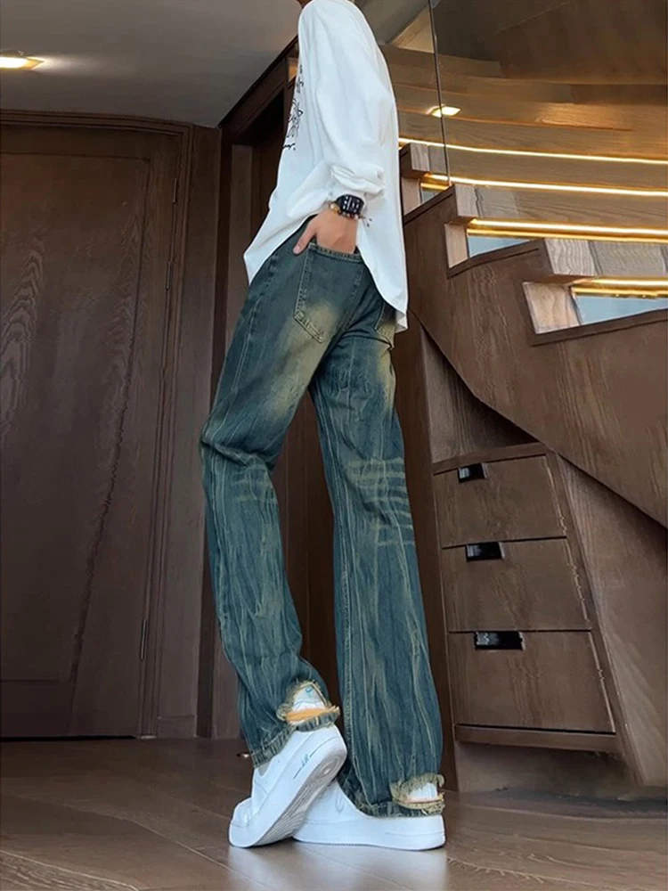 

American Retro Vibe Men's Destroyed Denim Jeans High Waist Straight Leg Micro Flared Pants Youthful Trend Cotton Blend