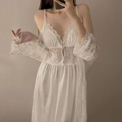 Bride Lace Robe Set White Women Bathrobe Gown Suit Sexy Sleepwear Nightgown Wedding Kimono Summer Satin Home Dress Loungewear