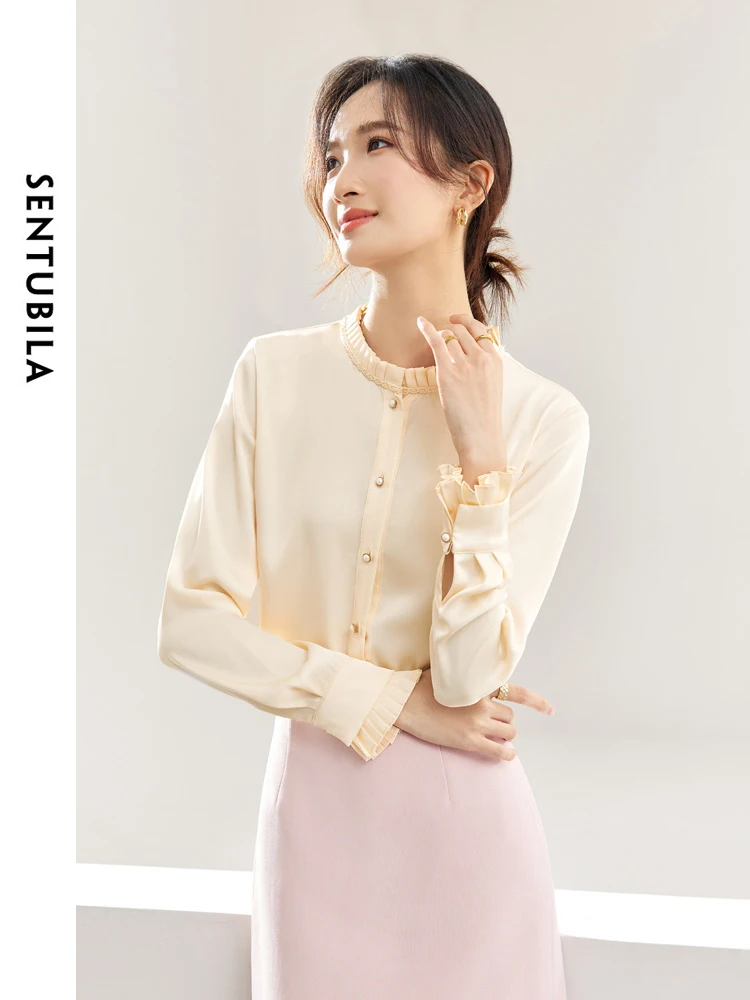 SENTUBILA Elegant Ruffled Shirt Ladies 2024 Spring Loose Button Up Simple Comfort Long Sleeve Tops Womens Clothing 141C53084