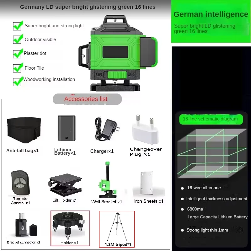 16/12/8 Linien 4D Laser Level Green Line Wiederaufladbar 360° ° Selbstnivellierendes horizontales und vertikales Laser-Nivelliergerät mit grünem Strahl