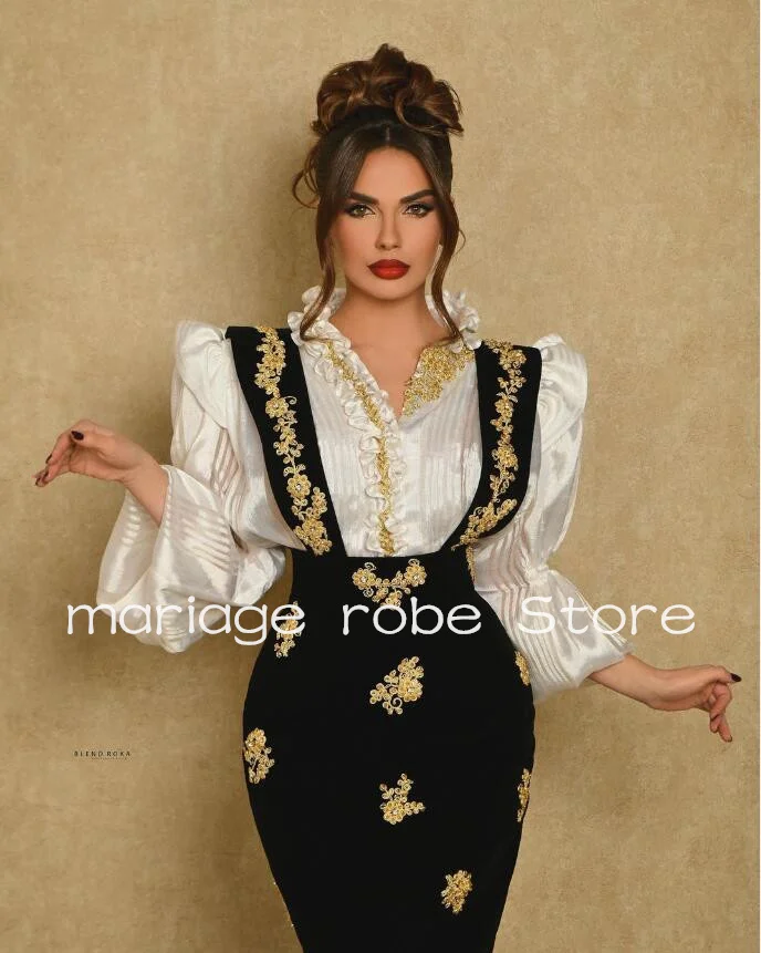 Black Whie Mermaid Albanian Prom Dress for Women Gold Applique Velvet Traditional Kosova Long Sleeve Caftan Evening Dresses Gown