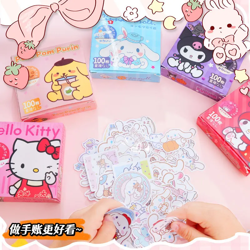 100Pcs Non-Repeat Gift Box Sanrio Cute Cartoon Stickers Kuromi Melody Kt Cat Phone Decorative Stickers Children Toys Girl Gift