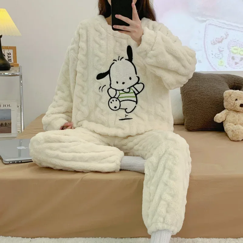 Kawaii Plush Pajama Set Sanrioed Anime Homewear Women Home Clothes Winter Cartoon Thicken Long Sleeves Pants Girls Warm