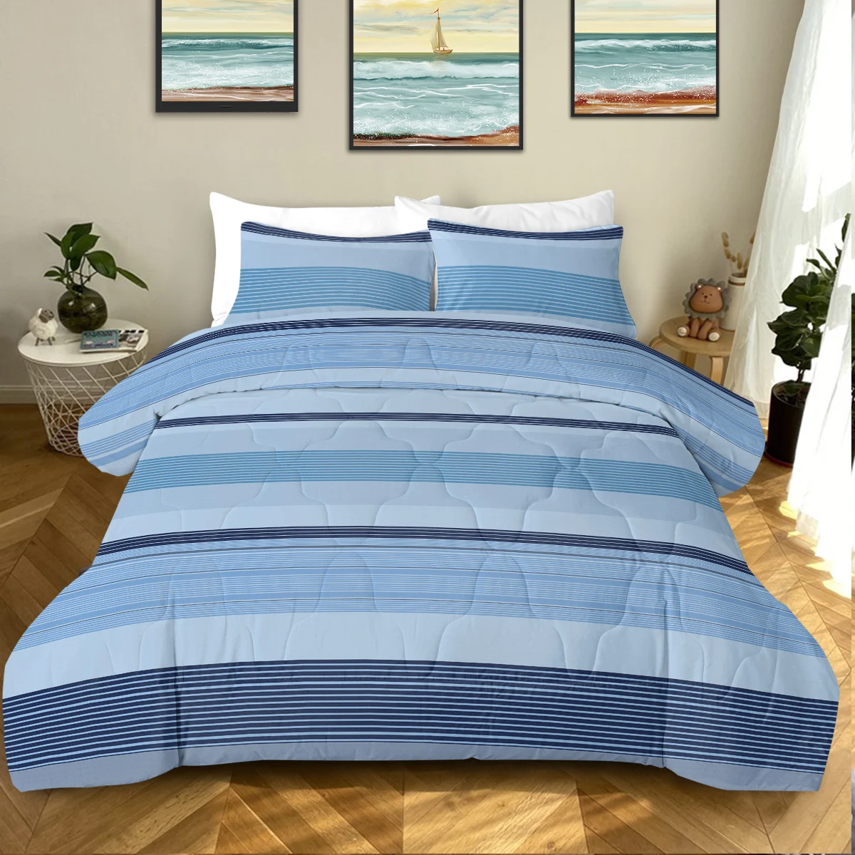 

3 Piece Light Blue and Deep Blue Stripes Printed Comforter Set Comfortable Quilt Set Suitable for All Seasons Home Decor