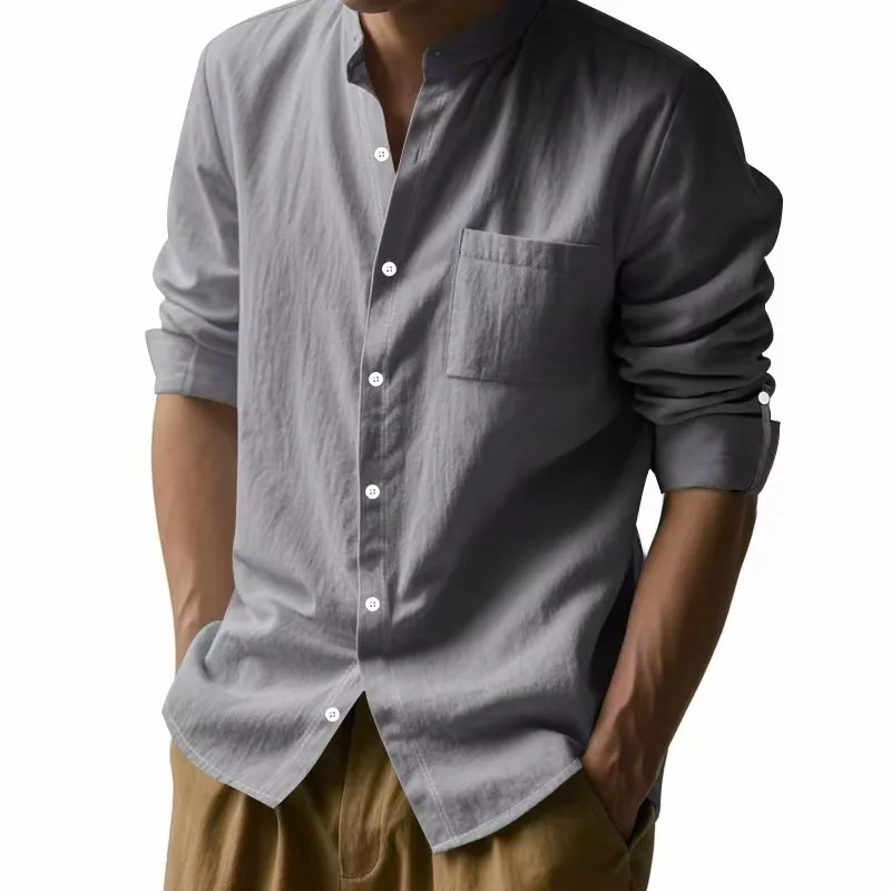 Streetwear Men Lightweight Shirts Long Sleeve Henley Cotton Linen Shirts for Male Beach Hawaiian Shirts Breathable Collar Tshirt