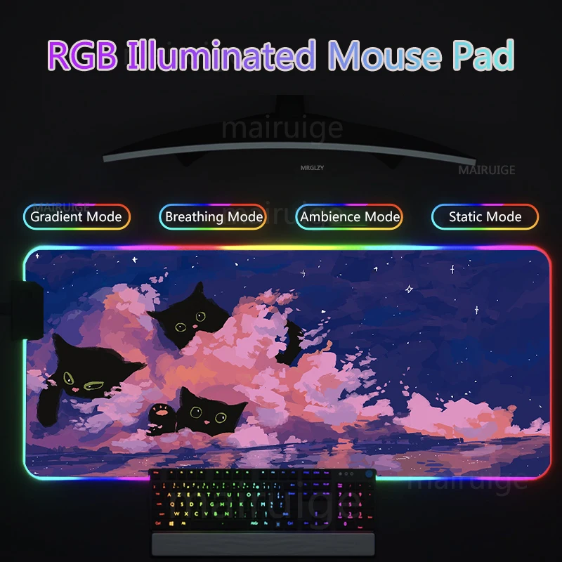 

RGB коврик для мыши 90x40 Mausepad Kawaii, коты, игровые аксессуары, компьютерный коврик для мыши Kitty, милый Настольный коврик для любителей игр, светодиодный коврик для собаки, розовый