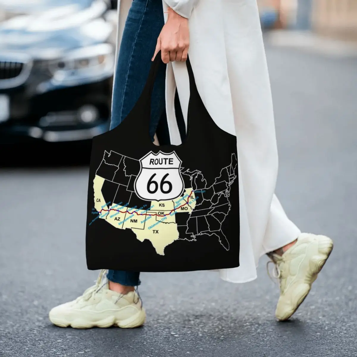 Funny Print Route 66 Map Shopping Tote Bag Durable Canvas Shoulder Shopper USA Highways Bags Photographer Handbag