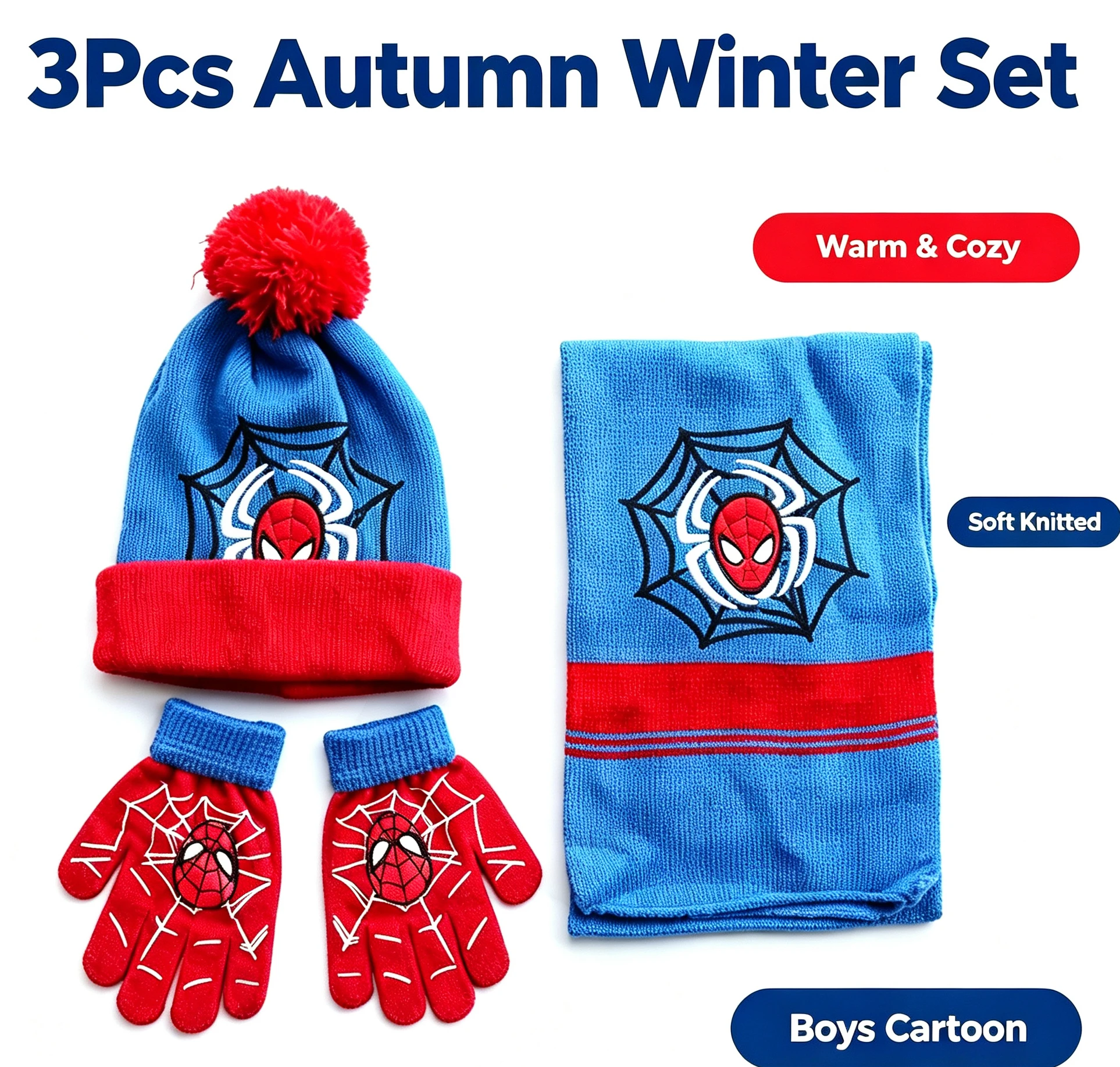 Model Kit Spiderman - 3-teiliges Spiderman Kinder Herbst Winter Strickmütze