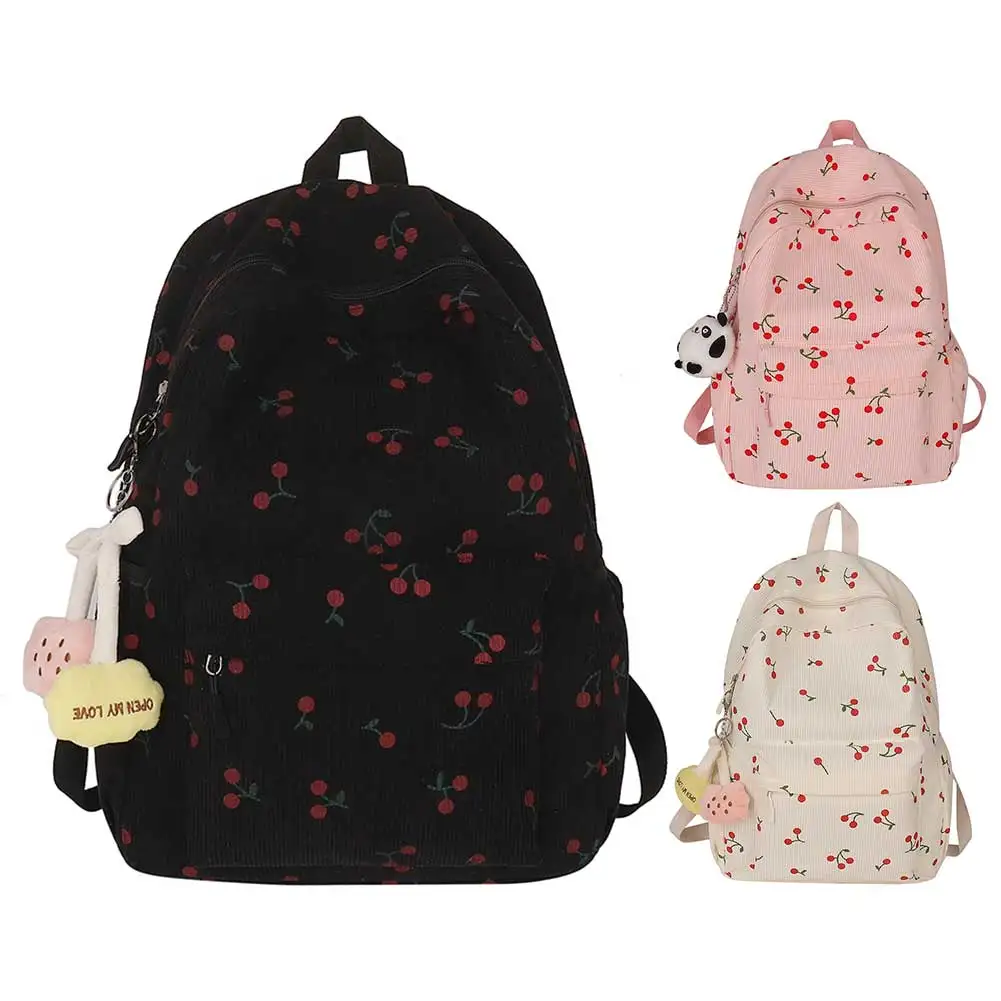 Zaino in velluto a coste da donna modello ciliegia zaino da viaggio con tracolla regolabile zaino con cerniera per lavoro shopping scuola