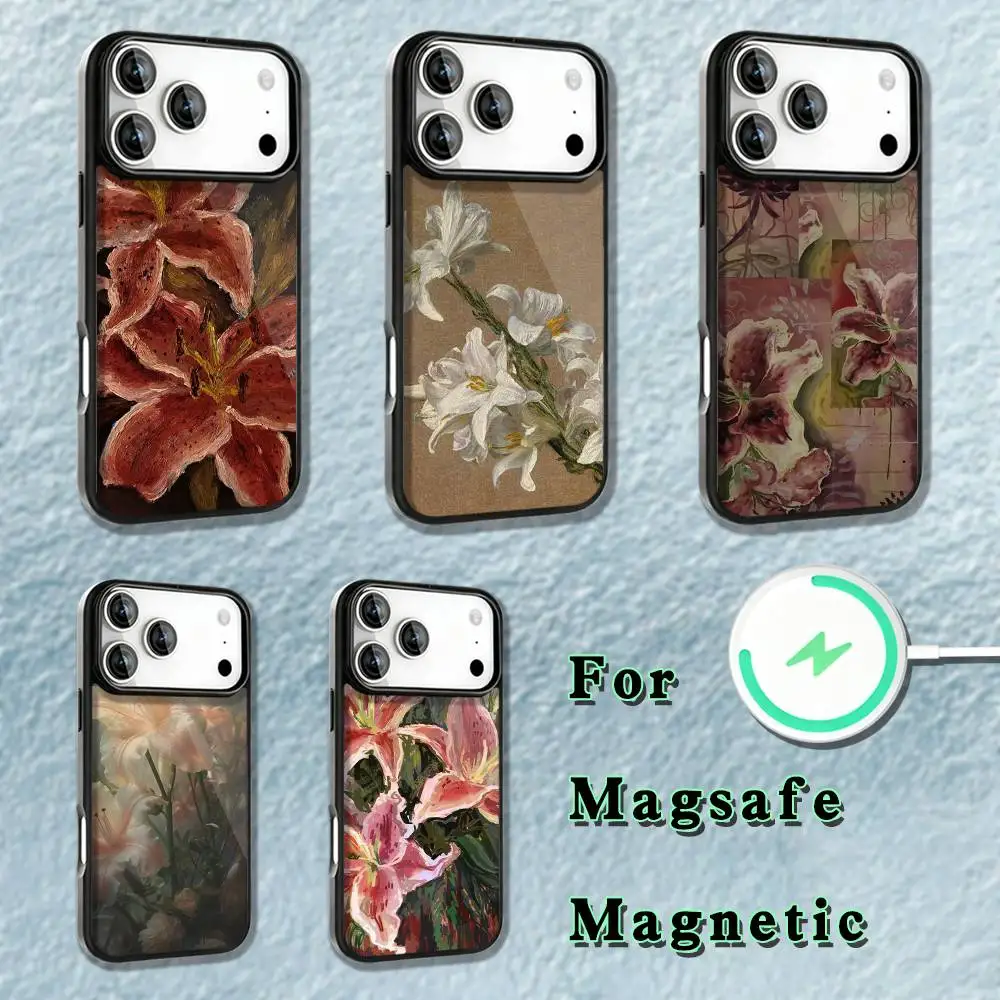 

Oil Painting Lily Flower Pattern Phone Case iPhone 17,16,15,14,13,12Pro,Max,Plus,Mini,SE4,E Magnetic Magsafe Wireless Charging