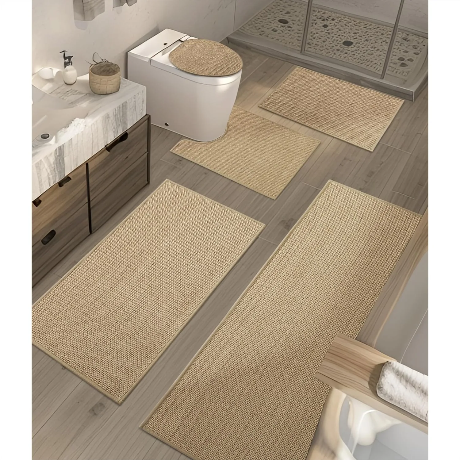 

Bathroom Rugs Sets 5 Pieces, Beige Ultra Thin Bath Mats Fit Under Door, Absorbent Quickly Dry Non Slip Braided Bath Mat Set