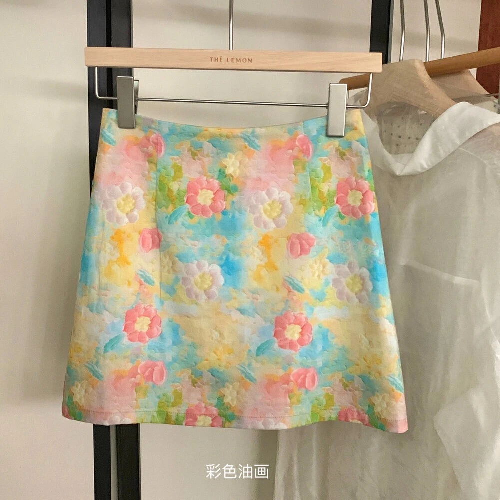 

Floral Skirt Women's High Waist and Thin A-shaped Skirt Oil Painting Hip Skirt