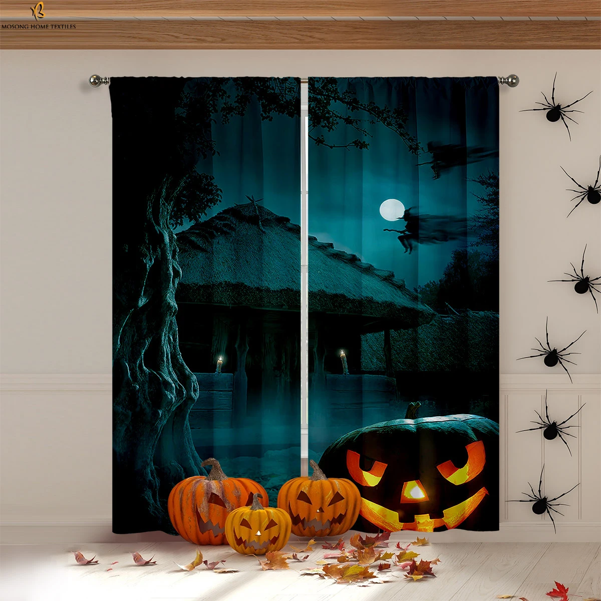 Halloween Pumpkin Skull Continuous Cartoon Print Curtains 100% Polyester Fiber Suitable For Children's Room Holiday Decoration