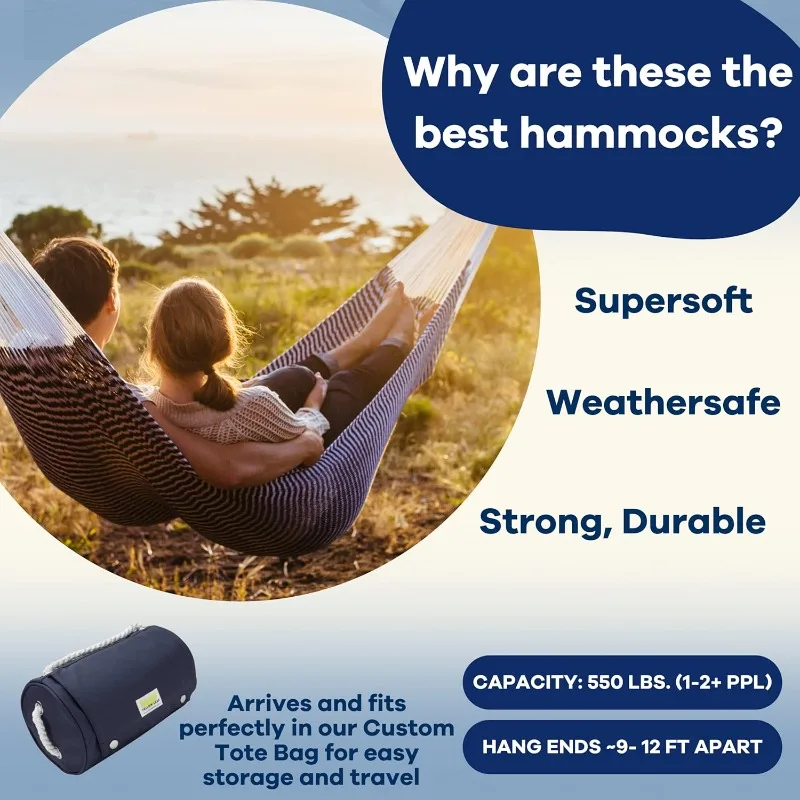 Leaf Hammocks - Family Size, Fits 2+ PPL  Easy to Hang, Ultra Soft, Artisan Made - Color: Stripe Navy Blue - White