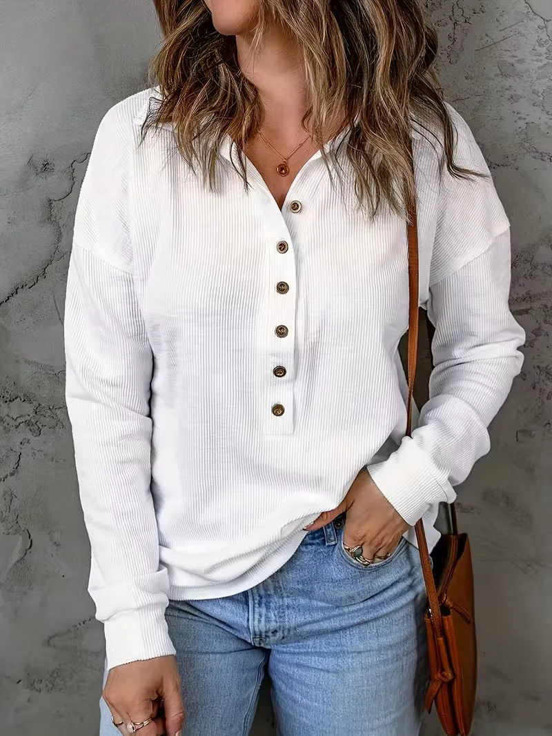 

Women'S Button Henley Top Lapel Long Sleeve Casual Tunic Top Solid Color Loose Casual Shirt