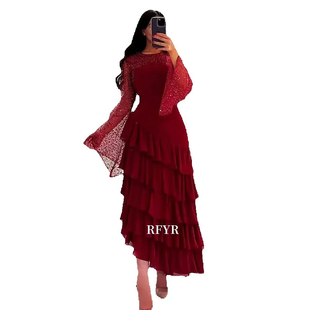 

RFYR Flare Sleeve Prom Dress Chiffon Pleats Princess Dress Beading Ruffles Party Dress for Women Customized