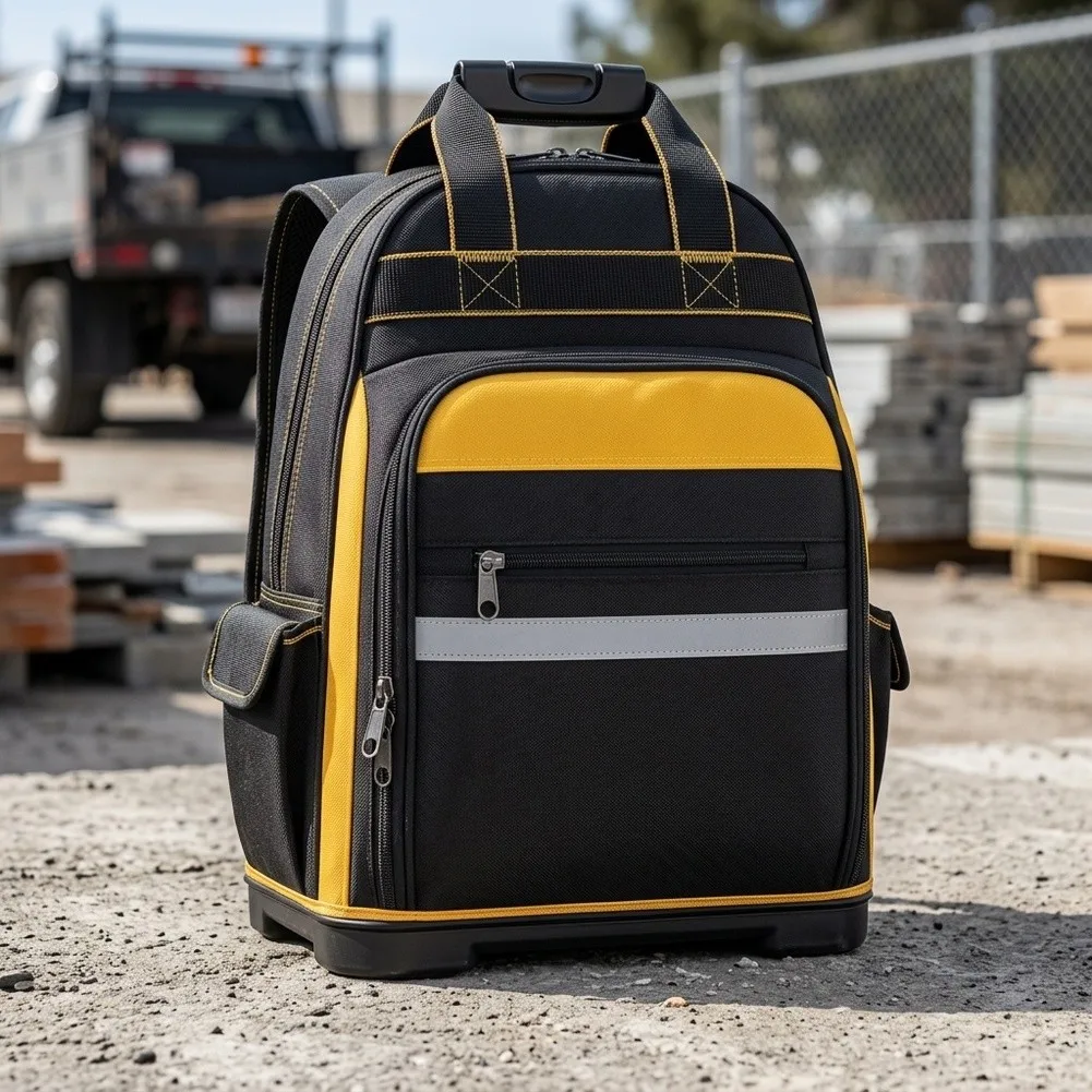 Tool Backpack With Hard Bottom And 13 Pockets For Repairman Electrician-Contractor Work Tool Bag Storage Organizer Black Yellow