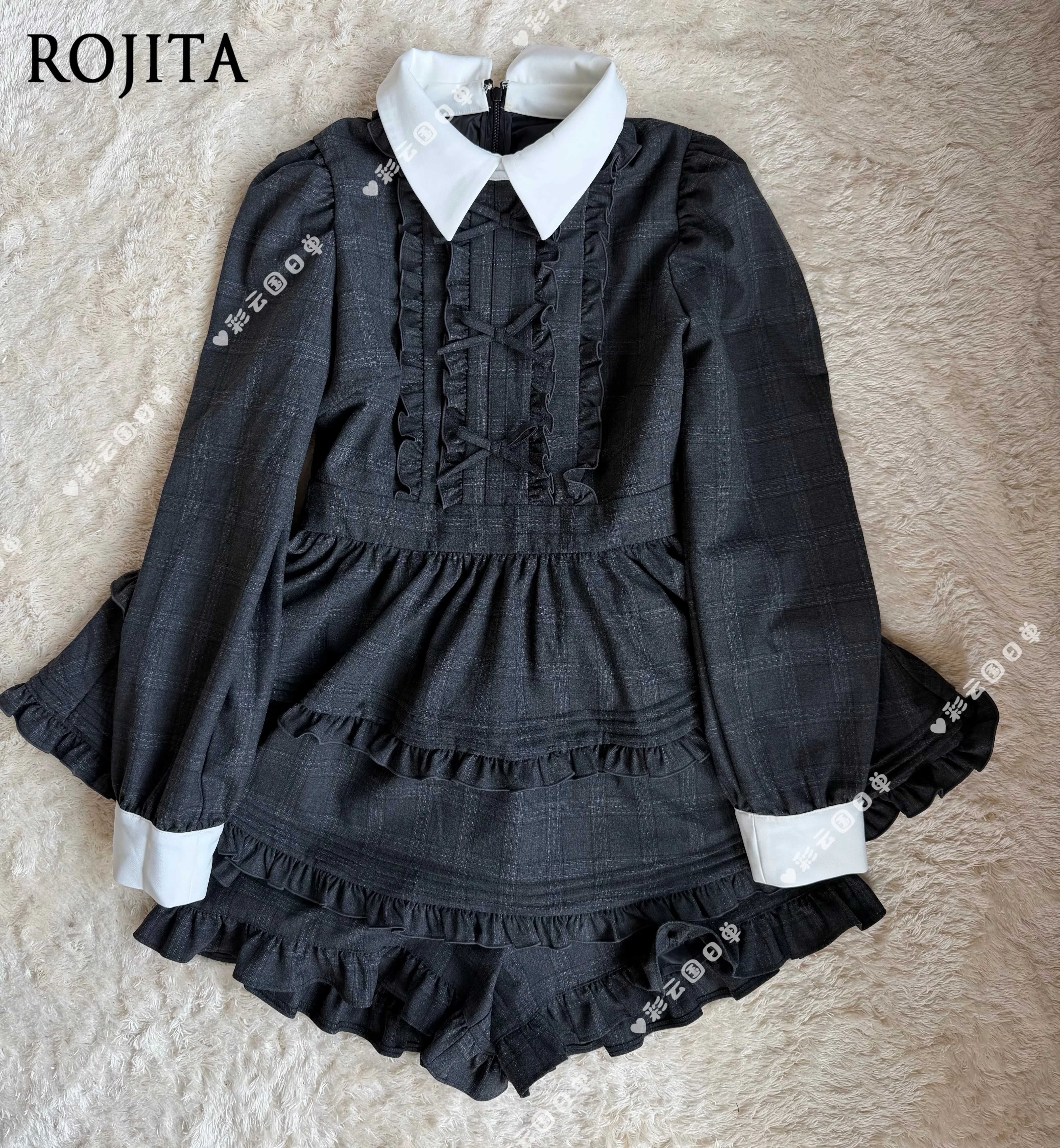 Harajuku Dark Academia Lolita Suit Contrast Collar Puff Sleeve Ruffled Top & Short Pants Two Piece Set