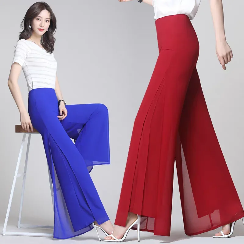 Pantalones de pierna ancha de gasa de doble capa, pantalones finos con abertura lateral para mujer, pantalones informales de cintura alta para primavera y verano 2024