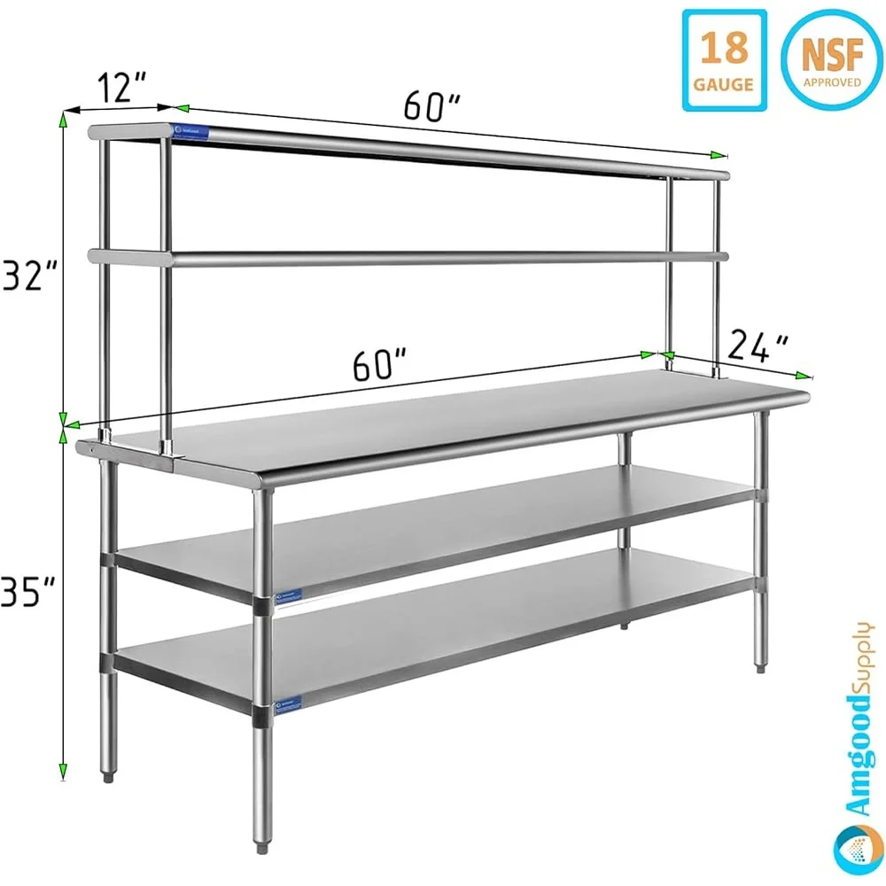 24inch x 60inch Stainless Steel Commercial Kitchen Work Table Double Tier Shelf NSF Approved Utility Bench Garage Laundry Prep
