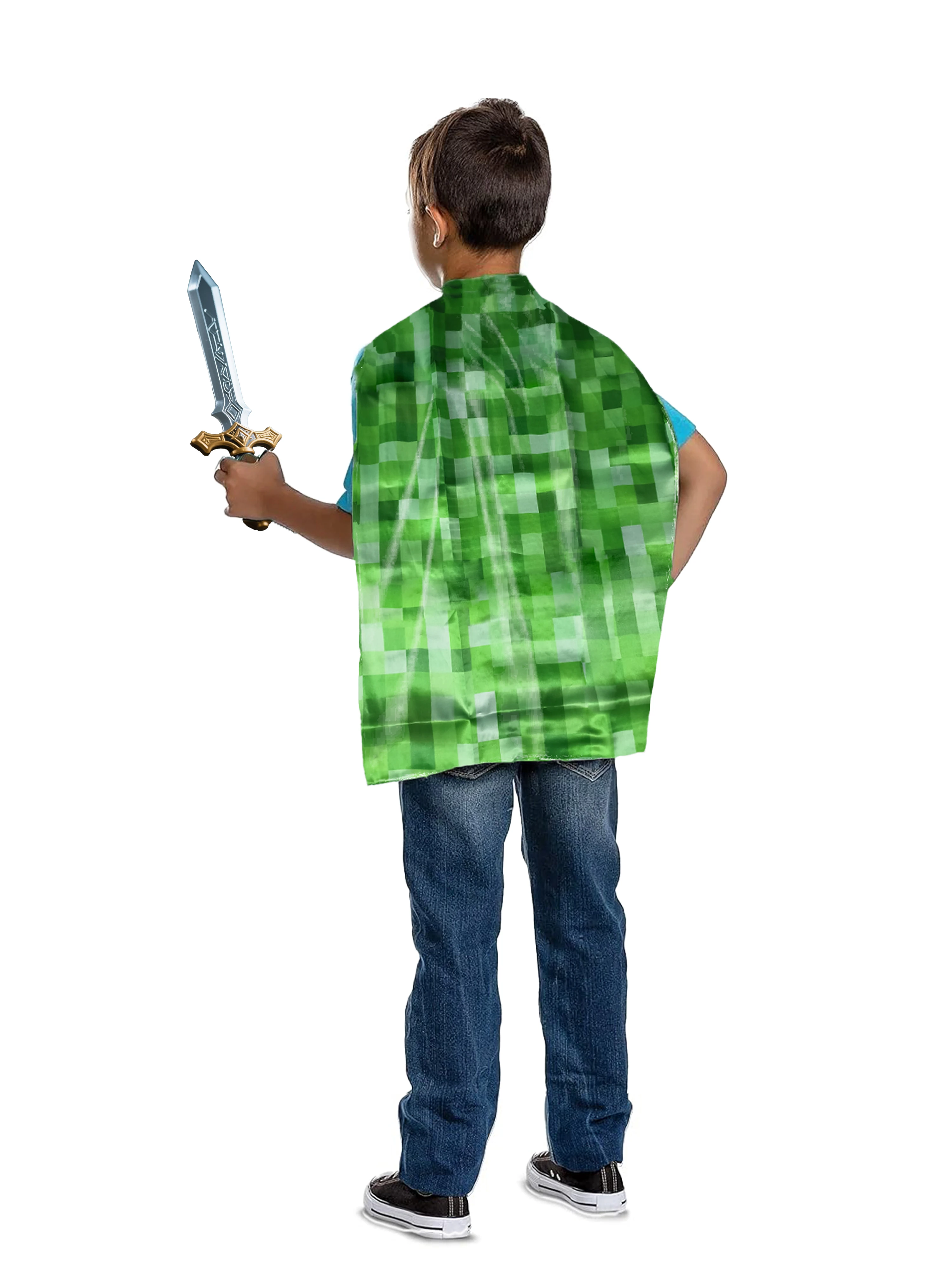 Green Pixelated Plaid Cape & Mask Set for Kids - Blocky Square Costume for Halloween, Christmas, Video Game Themed Party view 5