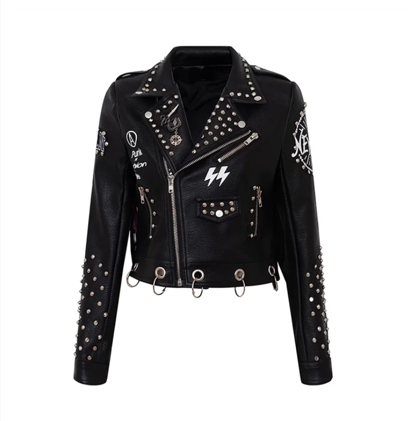 Spring and autumn fashion personality rivet tassel Harley motorcycle women\'s leather jacket