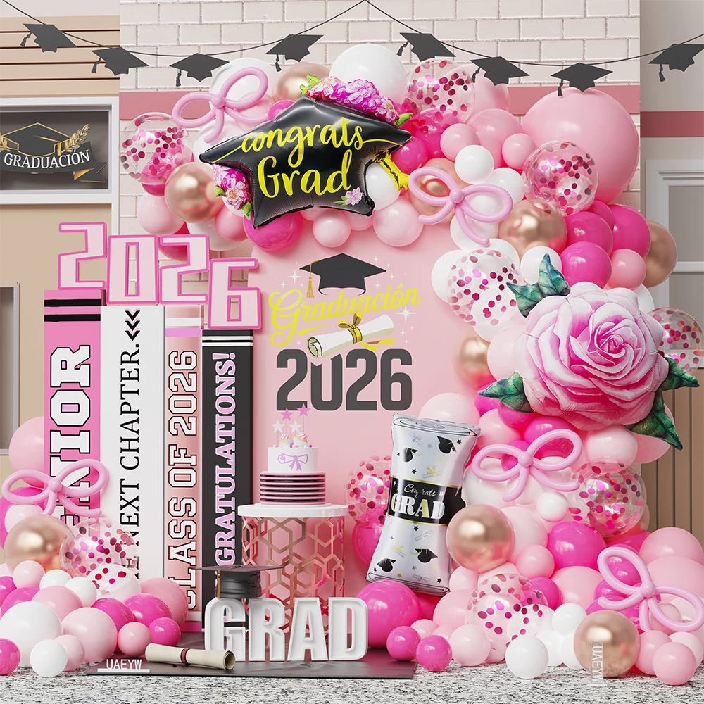 

106Pcs Hot Pink White Rose Gold Bow Graduation Balloons Arch Kit With Grad Cap Certificate Foil Ballon Congrats Prom Party Decor