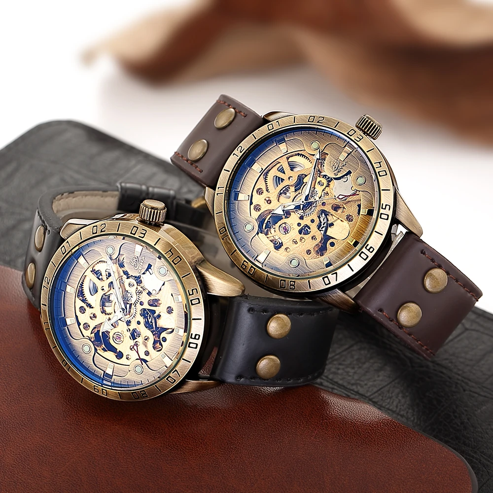 

Mens Classic Retro Bronze Skeleton Automatic Mechanical Watch Sport Luxury Brand Leather Wristwatch Relogio Masculino Male Clock