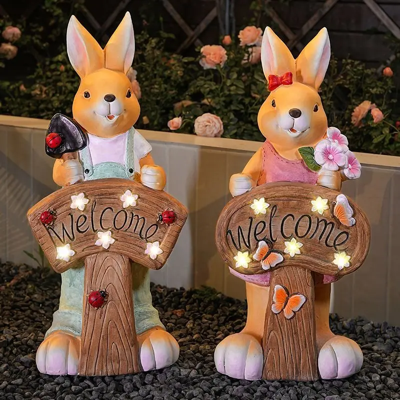 Solar Rabbit Figurine, Handmade Outdoor Garden Decor Waterproof Patio LED Night Light  Magnesium Oxide Craft Statue