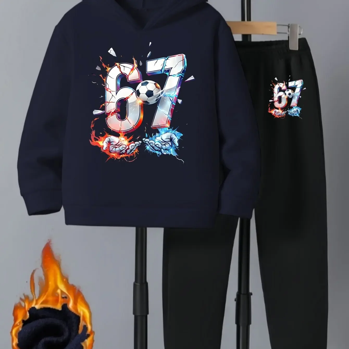 A Cool Two-Piece Set for Boys Featuring a Hooded Long-Sleeve Top And Long Pants Designed with a SIX SEVEN 67 Element Pattern