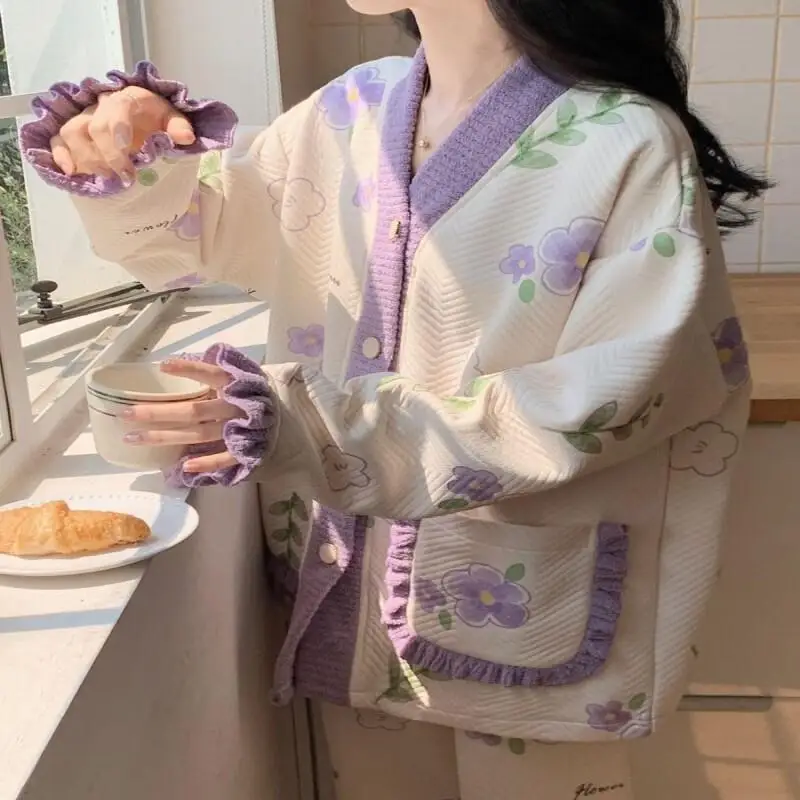 بيجامة قطنية هوائية للنساء في الخريف والشتاء طقم بيجامة مثير ملابس منزلية عصرية أطقم جديدة متطابقة بدلة نسائية أنيقة #6