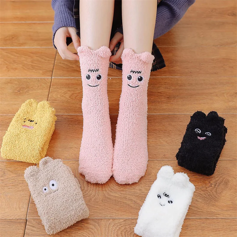 5Pairs Womens Floor Sleep Sock Autumn Winter Fun Face Slippers Fuzzy Tube Sock Female Ladies Cartoon Warm Fluffy Socks