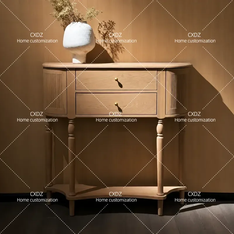 Solid Wood Entryway Table Against Wall Retro Sofa Back Console Semi Round Wall Side Cabinet for Hallway Living Room Decor