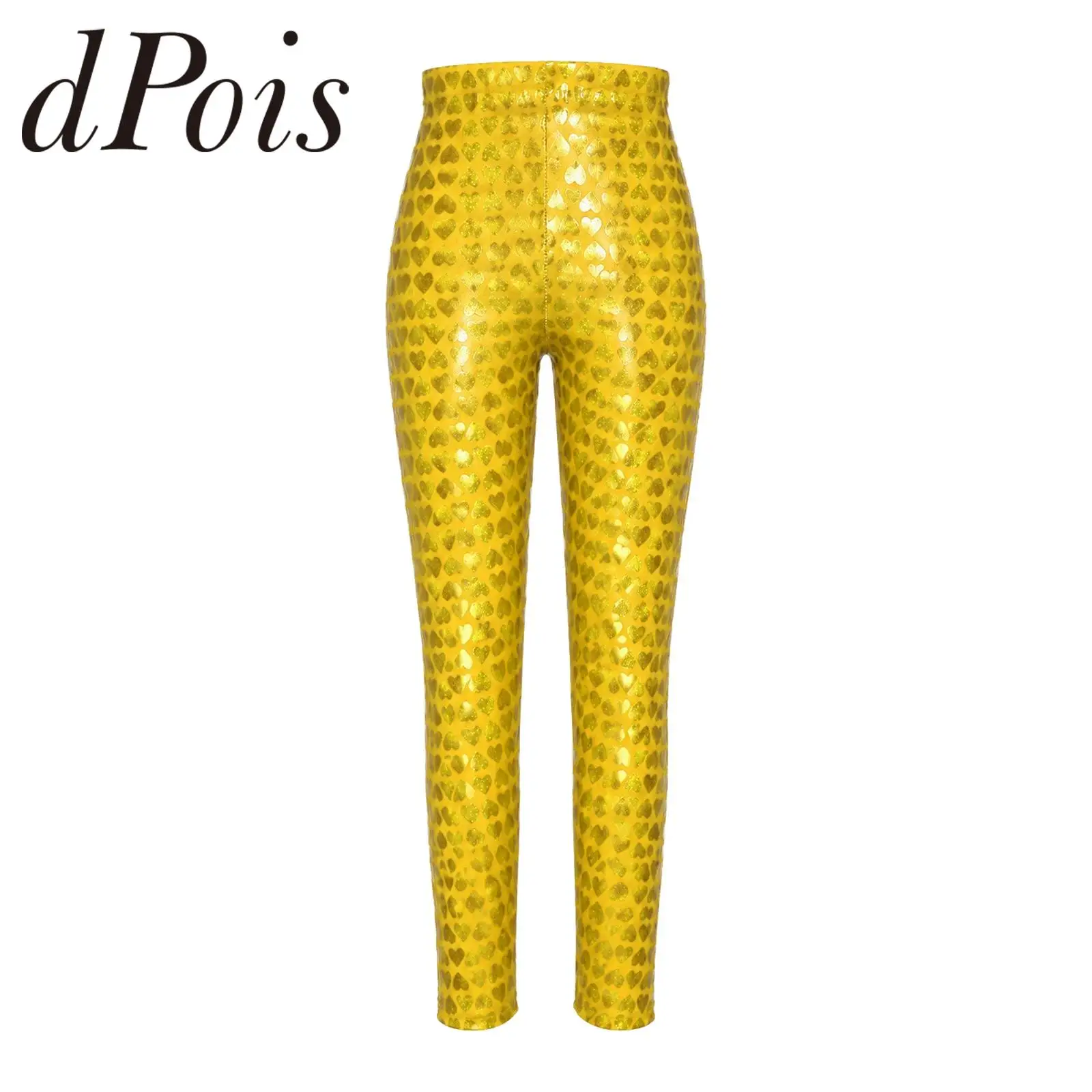 Kids Shiny Jazz Dance Costume Boy Girls Disco Outfit Hip Hop Leggings Metallic Heart Print Children's Skinny Pants Streetwear