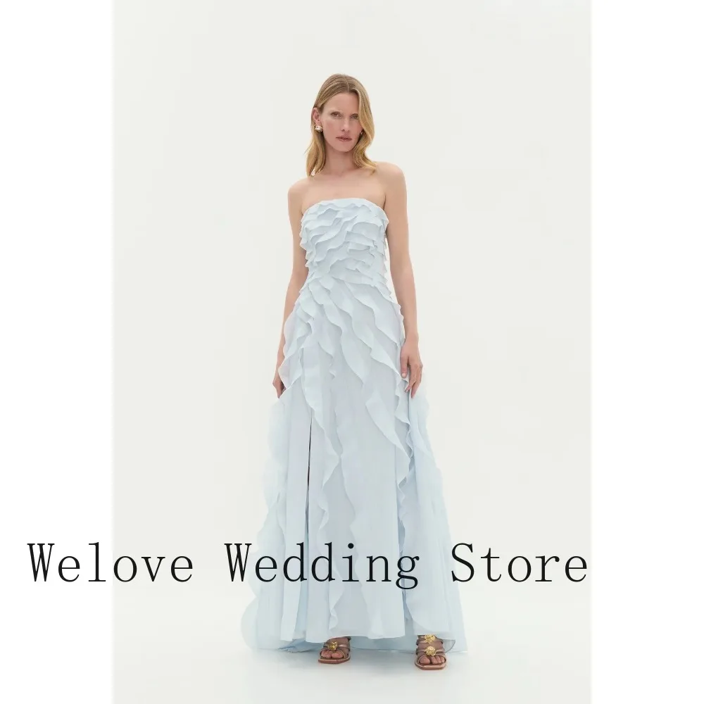 

Элегантное небесно-голубое вечернее платье без бретелек с многоярусными оборками из шифона, с высоким разрезом, для выпускного, свадьбы, для гостей, для подружек невесты